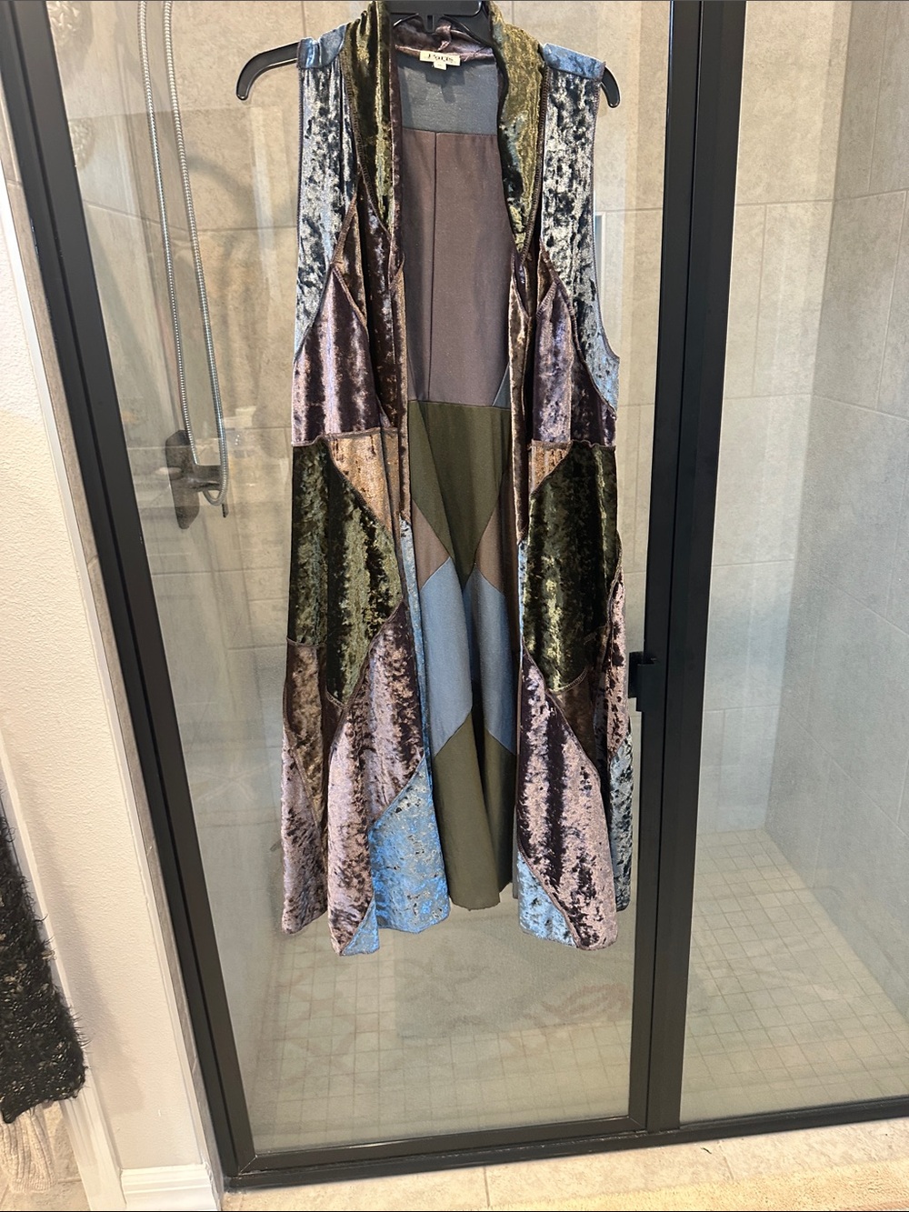 Paris Hilton Patchwork Velvet Sleeveless Duster in Olive, Blue, Mauve and Brown